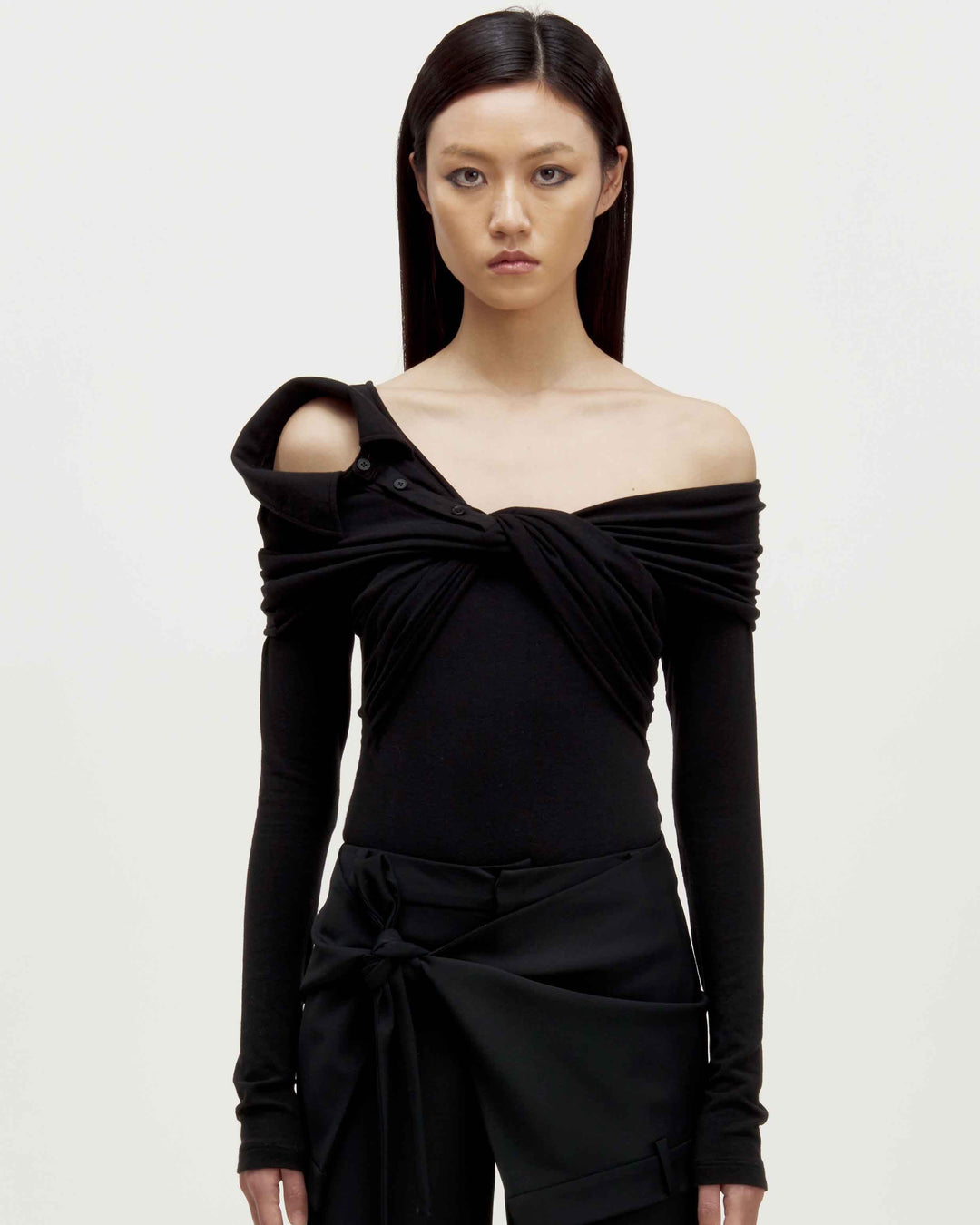 MARRKNULL • Black Wrapped Collar Long Sleeve T-shirt