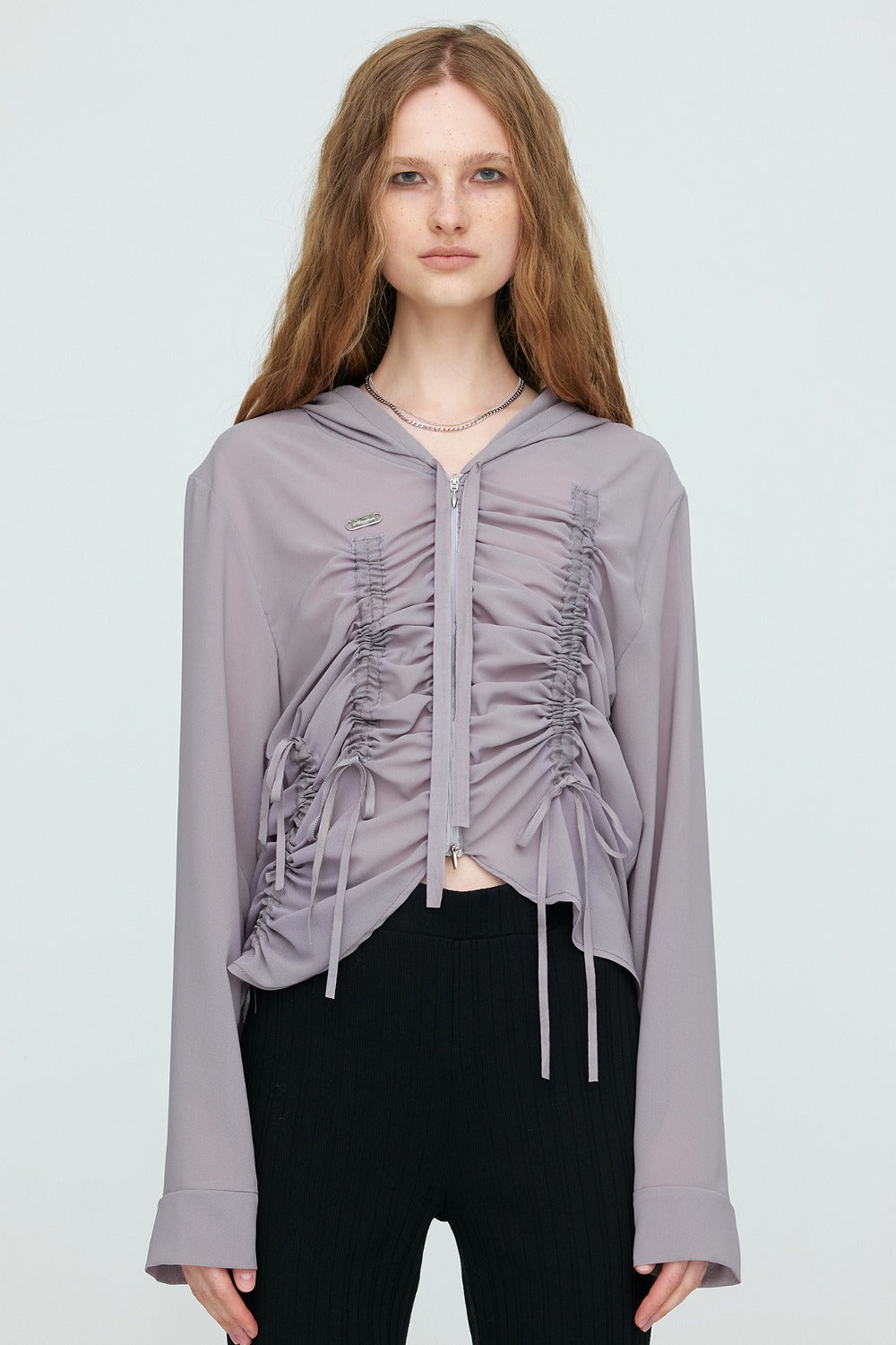 SHIRRING CHIFFON HOODIE ZIP-UP GRAY