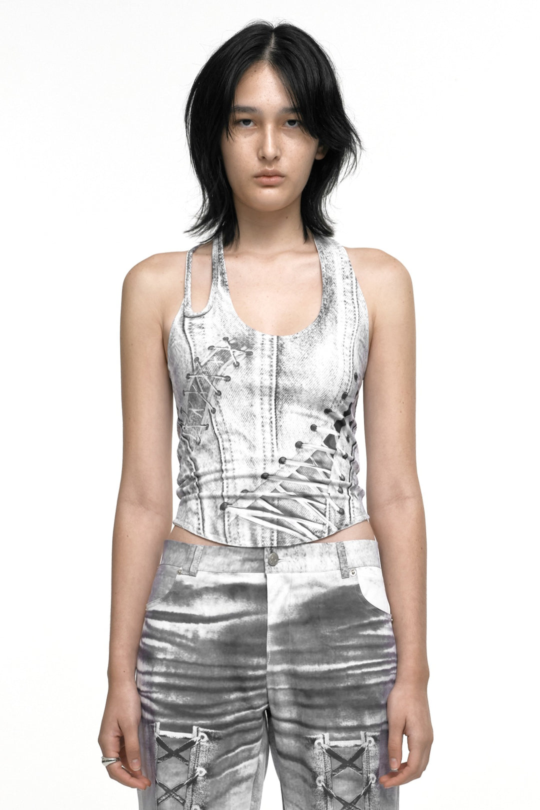 RACE UP PRINTED PANTS IVORY