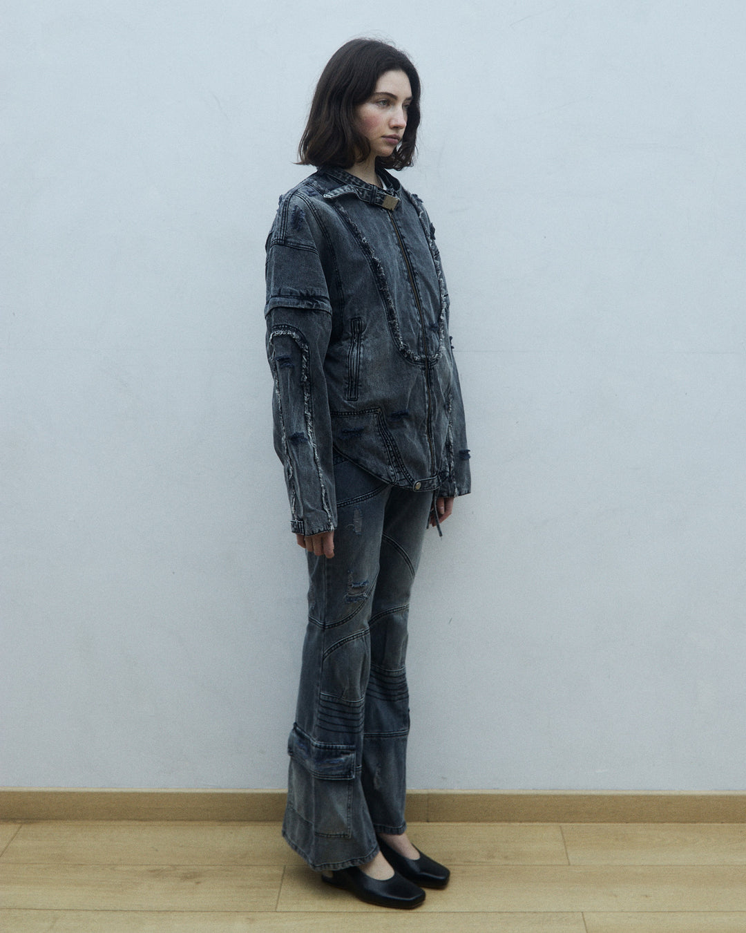 Flared biker style denim jeans