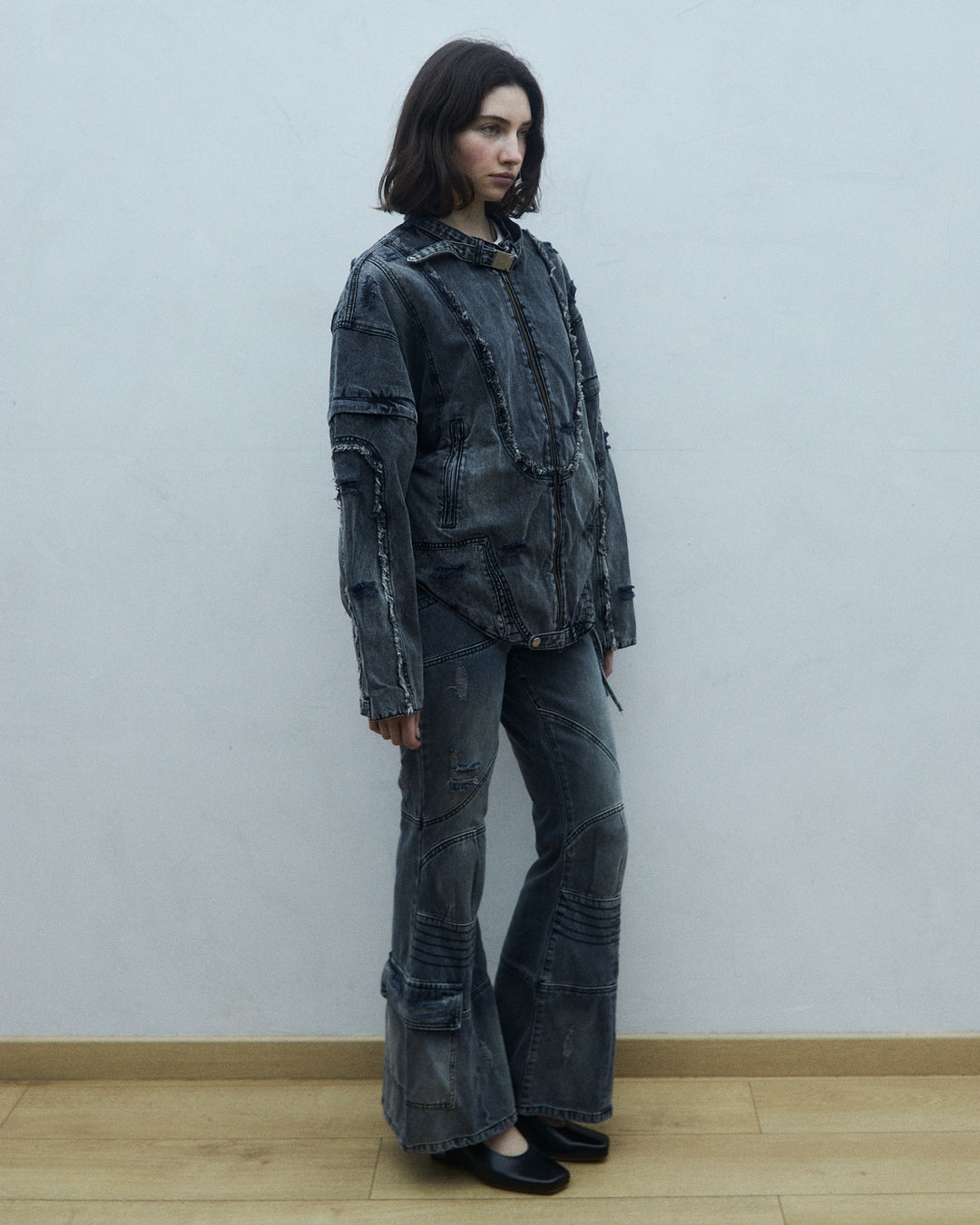 Flared biker style denim jeans