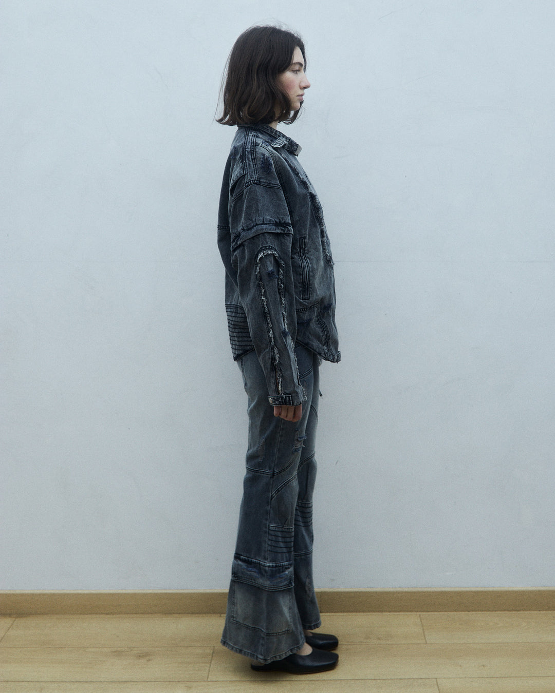 Flared biker style denim jeans