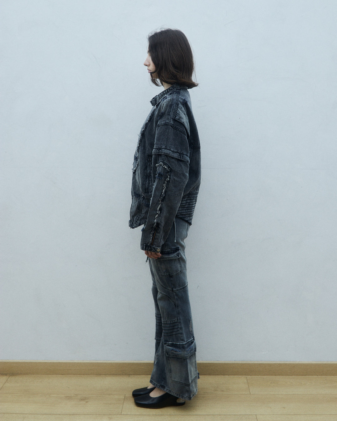 Flared biker style denim jeans