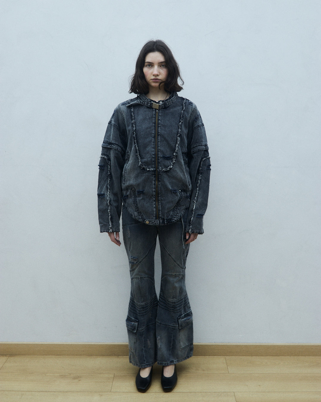 Flared biker style denim jeans