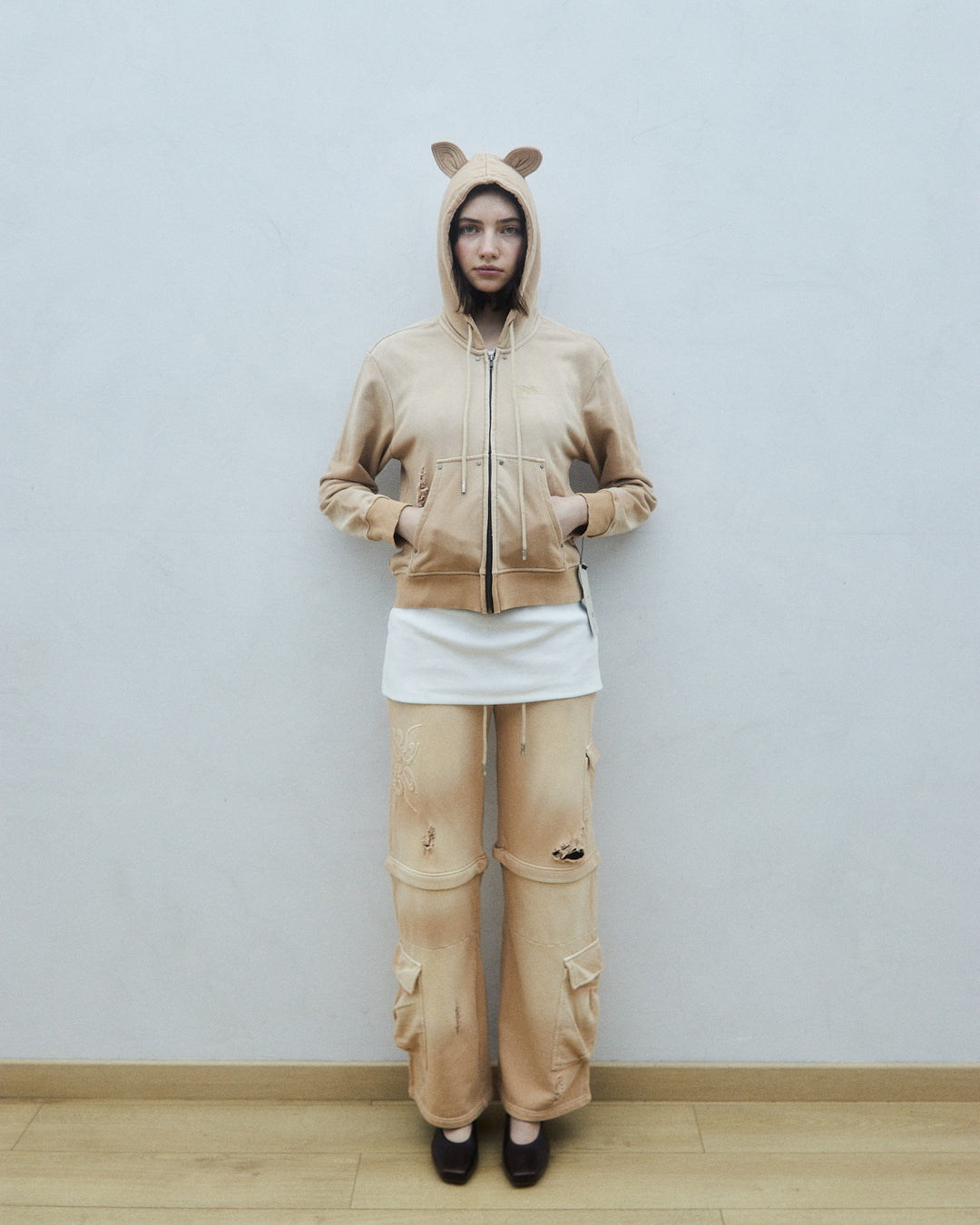 Small fit destroyed hoodie with ears