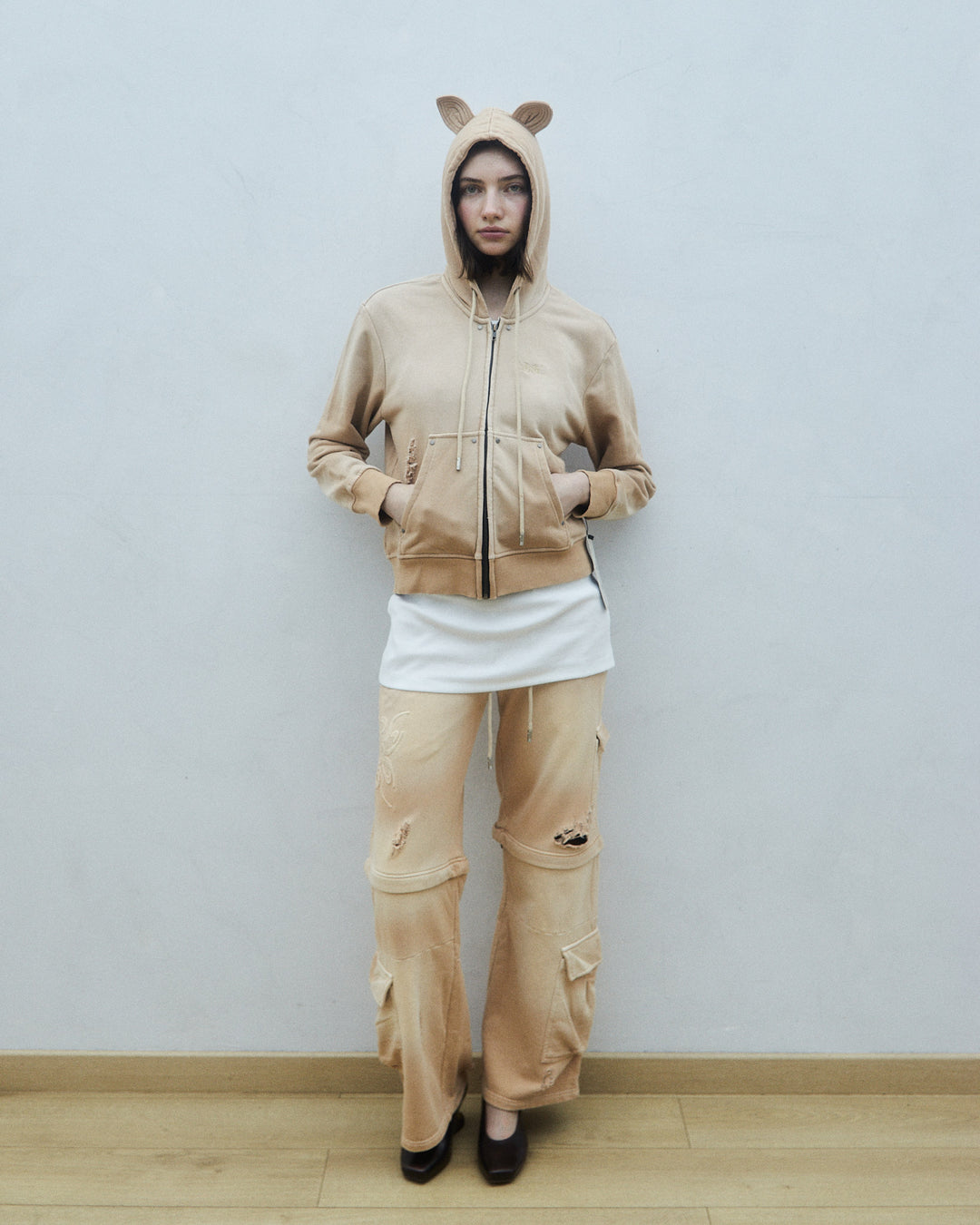 Small fit destroyed hoodie with ears