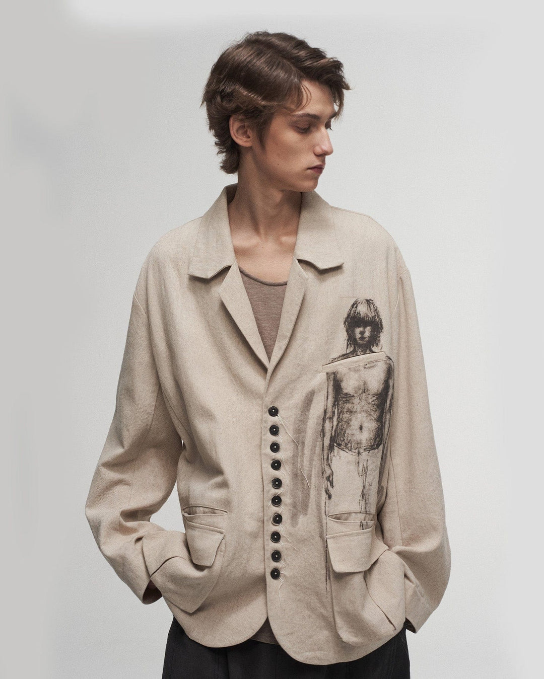 Ink-wash portrait print coat in off-white