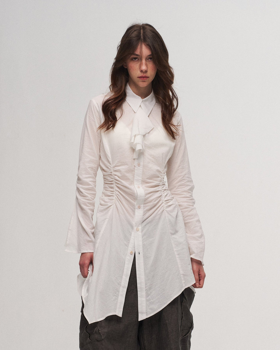 White pleated shirt dress