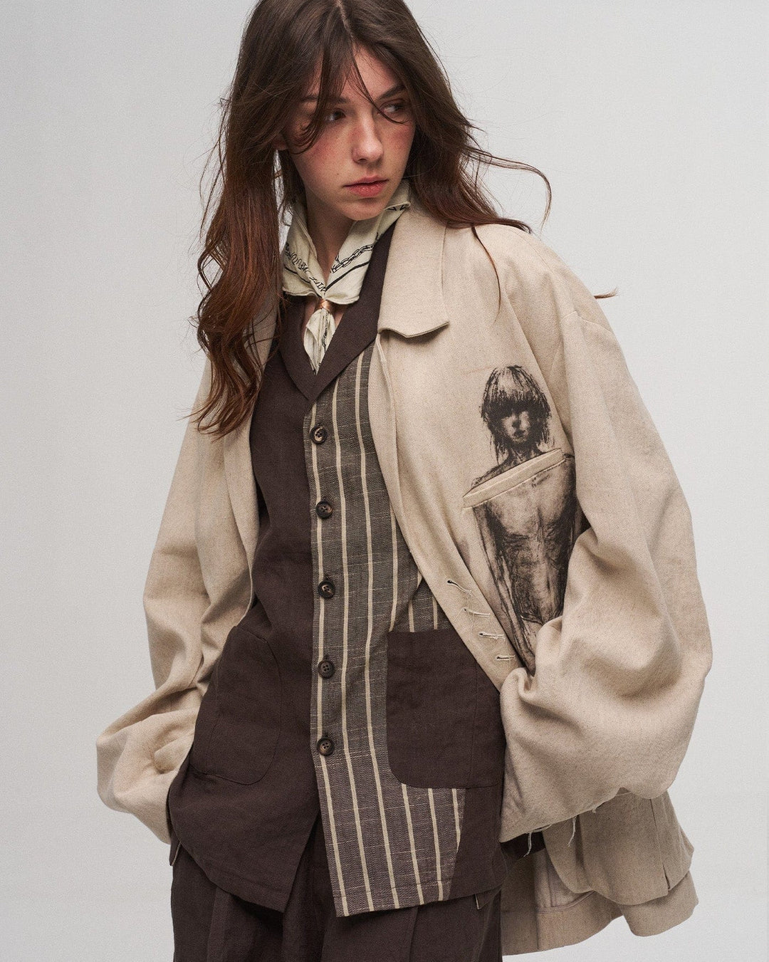 Ink-wash portrait print coat in off-white