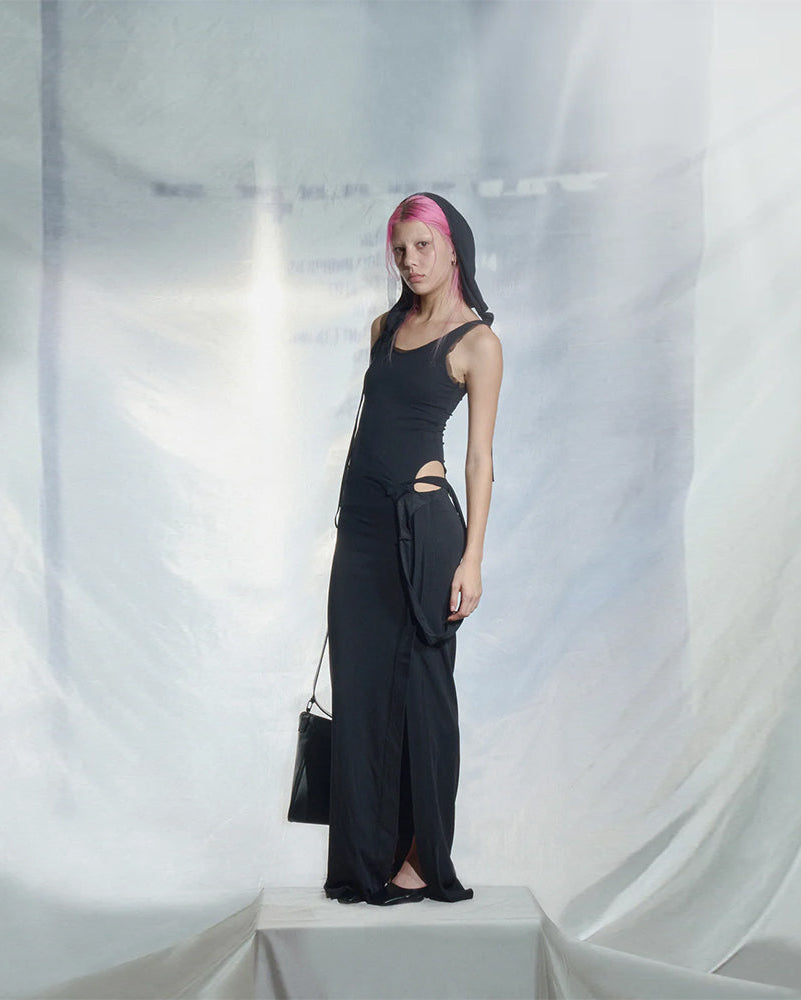 HOODED SLIT LONG DRESS BLACK