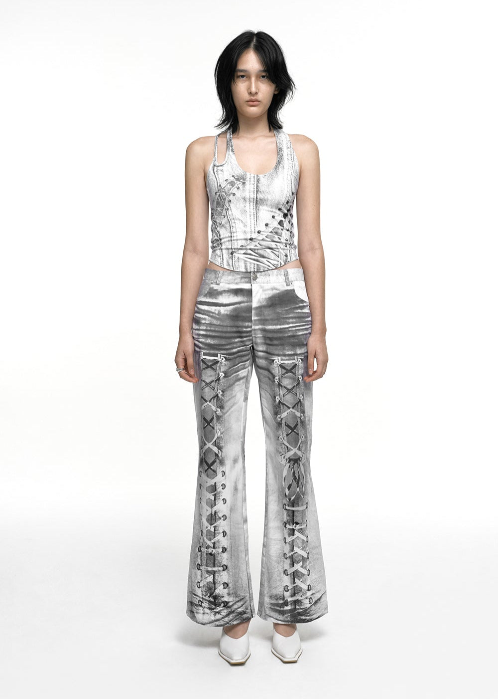 RACE UP PRINTED PANTS IVORY
